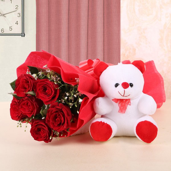 Beautiful Teddy Bear Image with Red Rose Flower