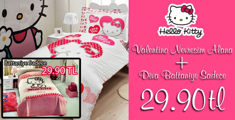  Hello Kitty Valentino Nevresim Takımı Alana Diva Battaniye Sadece 29.90 TL