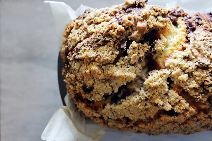 view of baked coffee cake bread in pan from above