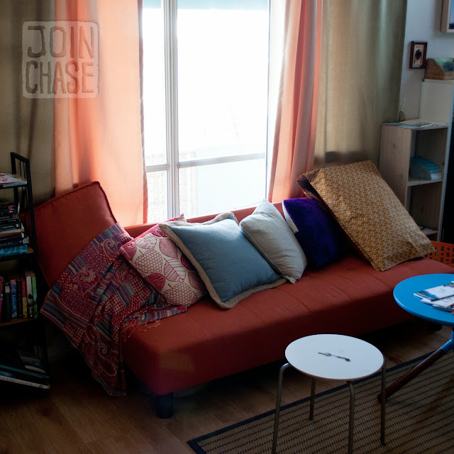 A sofa with pillows at Pedro's House in Gwangju, South Korea.