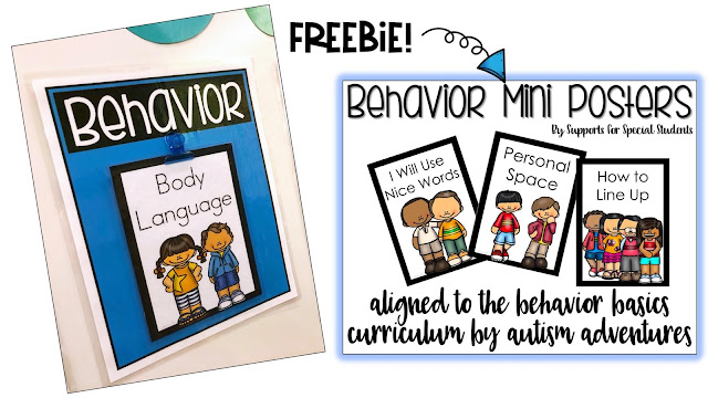 2 pictures, on the left is a behavior poster for body language, on the right is the cover of a behavior mini posters with the word freebie above