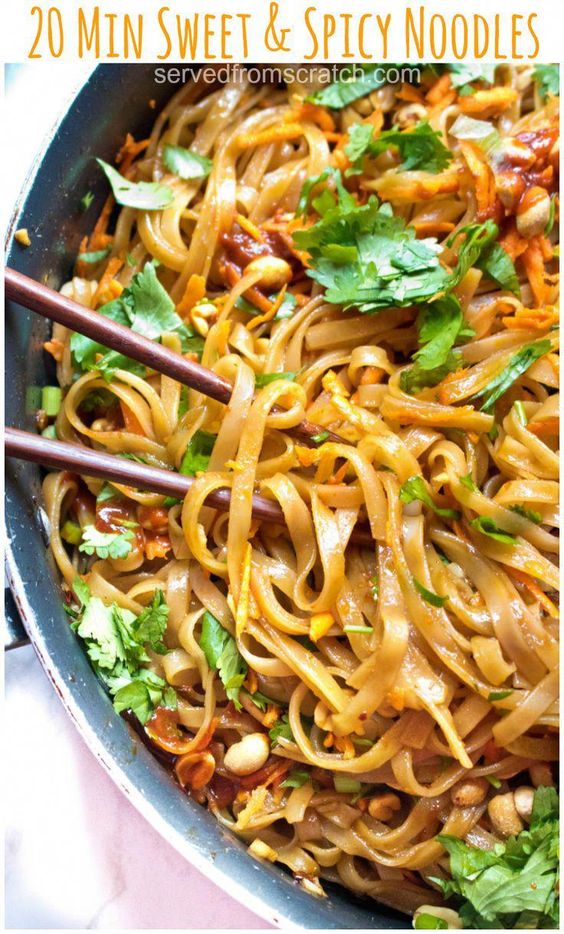 These Sweet and Spicy Noodles are a Thai inspired fast, easy weeknight dinner that can be ready and on the table in just 20 minutes!