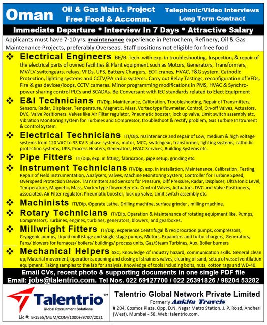 Oil and Gas Maintainance Jobs in Oman