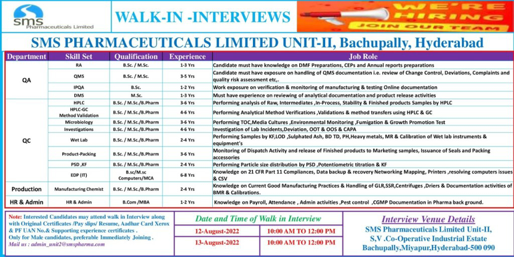 Job Available's for SMS Pharmaceuticals Ltd Walk-In Interview for BSc/ MSc/ B Pharm/ B Com/ MBA