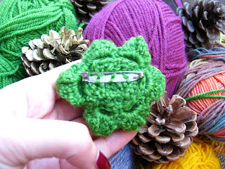 Handmade Crochet Flower Brooch - Green - Back