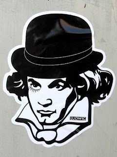 close up of Graffiti sticker of Ludwig van Beethoven in downtown Los Angeles