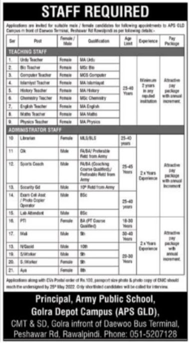 Army Public School APS Education jobs Rawalpindi 2022