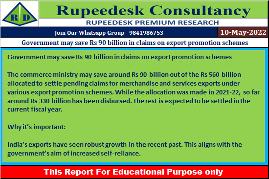 Government may save Rs 90 billion in claims on export promotion schemes - Rupeedesk Reports - 10.05.2022