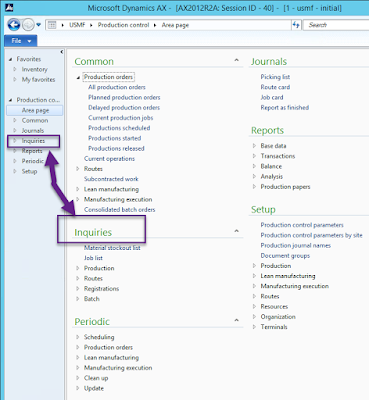 Inquiries within the produciton module in AX