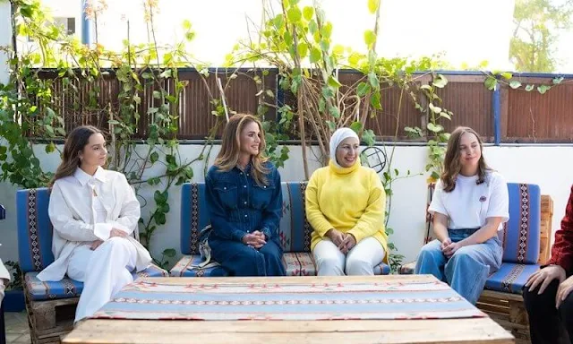 Queen Rania wore a new Tomia blue denim midi dress by Isabel Marant Etoile. Princess Iman and Princess Salma
