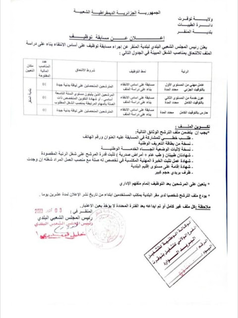 يعلن رئيس المجلس الشعبي البلدي لبلدية المنقر عن إجراء مسابقة توظيف على أساس الانتقاء بناء على دراسة الملف للالتحاق بمناصب الشغل