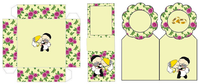 Funny Toon Couple with Purple Flowers in Yellow: Free Printable Wedding Mini Kit.