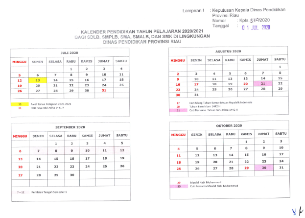 Kalender Pendidikan Tahun Pelajaran 2020/2021 bagi SDLB, SMPLB, SMA, SMALB, dan SMK di Lingkungan Dinas Pendidikan Provinsi Riau