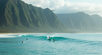 Surfers riding turquoise waves near lush mountains at Jeffreys Bay, South Africa