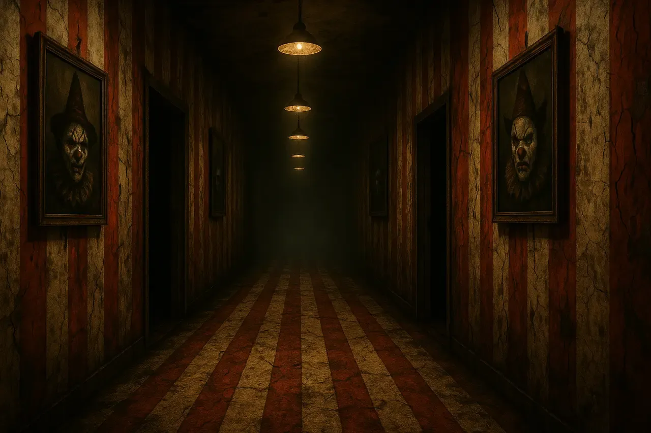 A long, terrifying corridor with red-and-white striped walls, covered in cracks and obvious dirt. Dim lighting from lamps suspended from the ceiling creates terrifying shadows. On both sides of the walls are paintings of scary clown faces with various demonic expressions. There are dark open doors on both sides, and the end of the corridor is plunged into complete darkness. A cinematic horror atmosphere, fine details, very realistic, inspired by a haunted circus