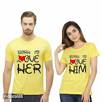 Yellow Printed Cotton Blend Couple Tees