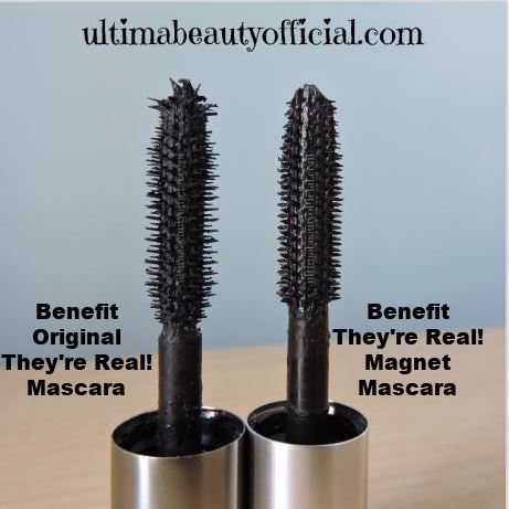 Two black mascara wands next to each other. "Benefit Original They're Real! Mascara" printed next to the left wand. "Benefit They're Real! Magnet Mascara" printed next to the right wand