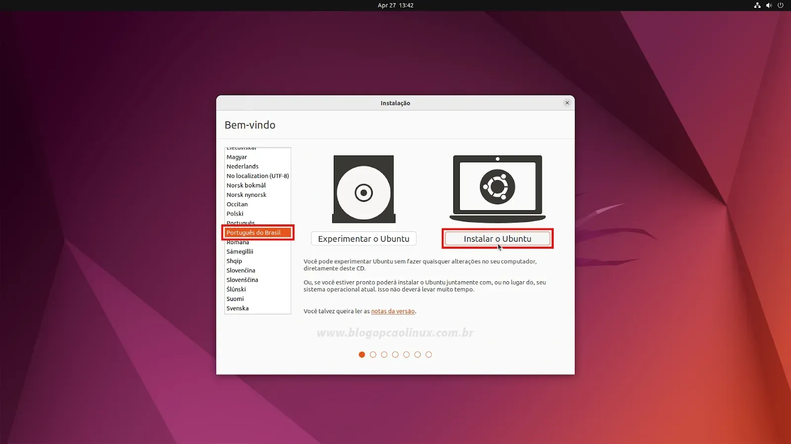 Selecione o Idioma de Instalação e clique no botão 'Instalar o Ubuntu'