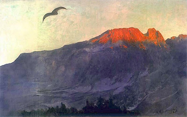 LEON JAN WYCZÓLKOWSKI (1852-1936) Giewont Massif (1, 895 m- 6, 217 ft) Poland  In Giewont o zachodzie slonca  (Mount Giewont at sunset) 1898, huile sur toile 101 × 159 cm  Private collec ion, Poland,