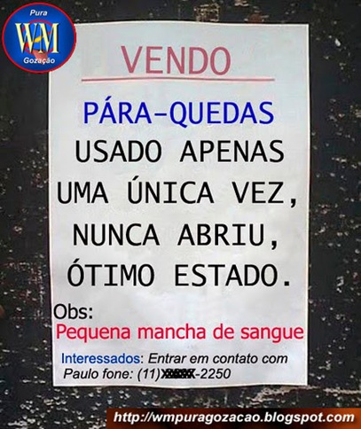 FLAGRANTE - VENDE-SE! - Pára-quedas, nunca se abriu, pequena mancha de sangue