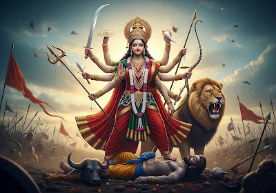 Goddess Durga in the middle of a battlefield with her foot on Mahishasur's chest.