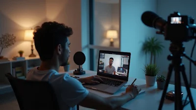 Man live streaming from home with camera, mic, and laptop setup