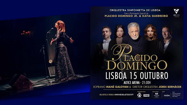 Katia Guerreiro e cartaz alusivo ao concerto em Lisboa com Plácido Domingo.