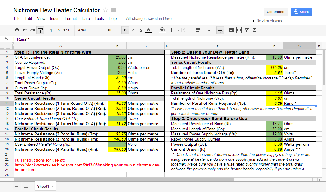 Nichrome Dew Heater Calculator Screenshot