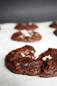 vegan salted double chocolate cookies stuffed with homemade caramels