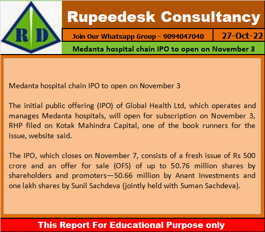 Medanta hospital chain IPO to open on November 3