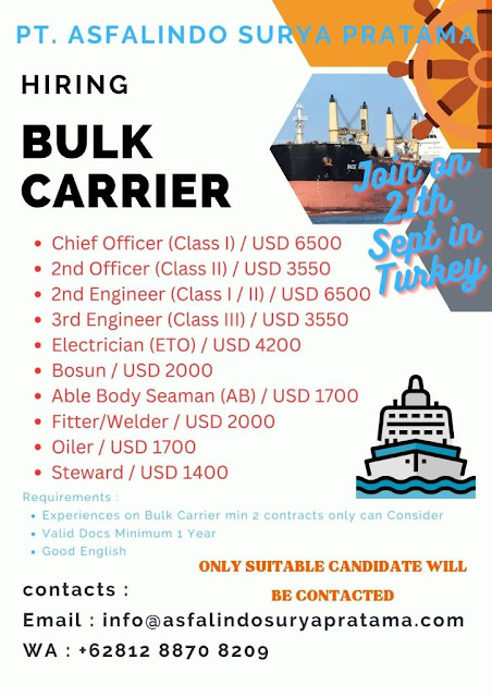 Lowongan Kerja Kapal Bulk Carrier Oktober 2023