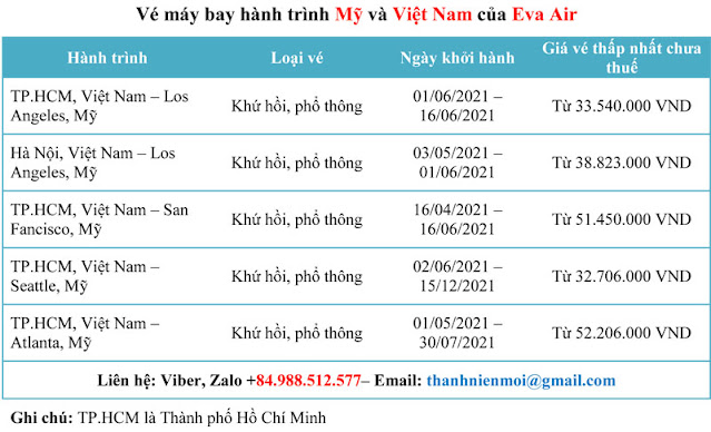 Bán vé máy bay hành trình Mỹ và Việt Nam của Eva Air