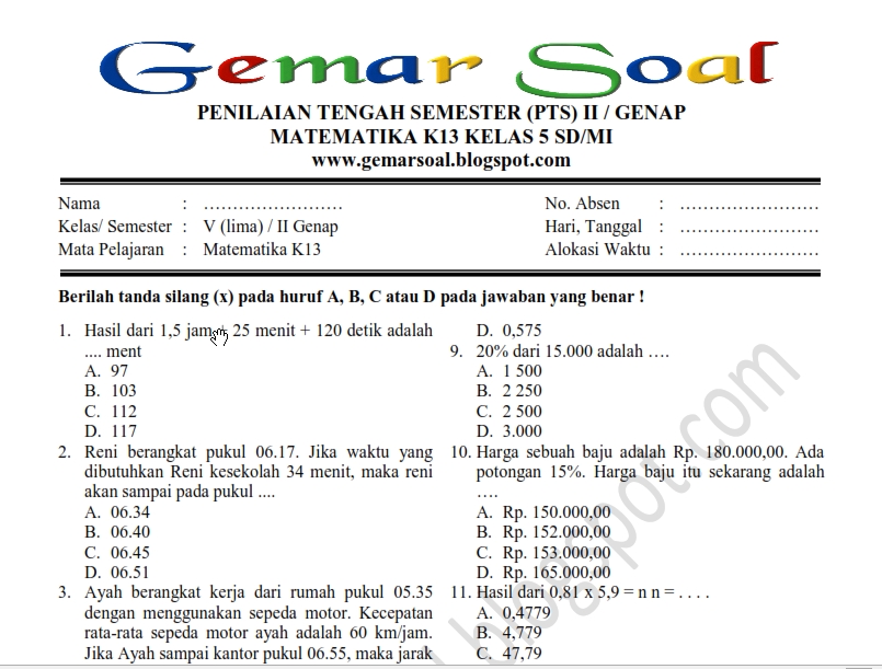 Soal Uts Matematika Kelas 5 Semester 2 Plus Kunci Jawaban Terbaru