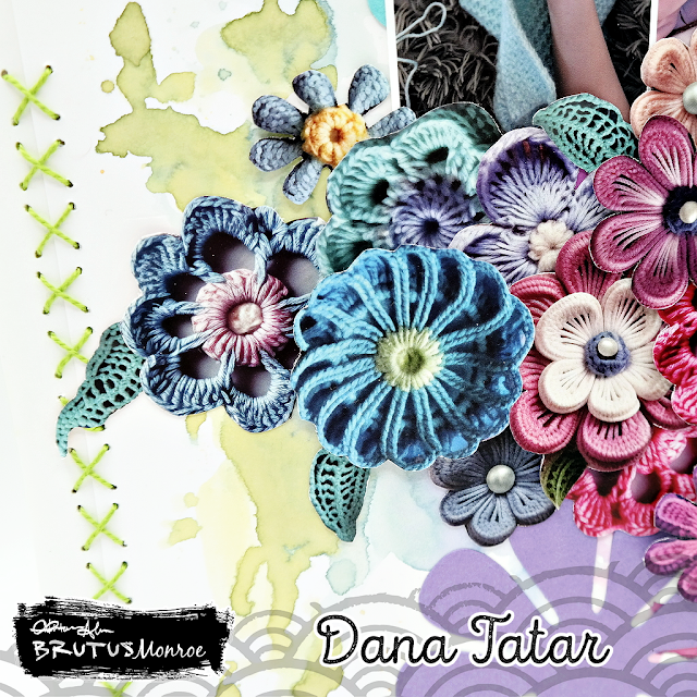 Crochet all day rainbow mixed media scrapbook layout with watercolor background, die-cut flowers, and hand stitching by Dana Tatar for Brutus Monroe.