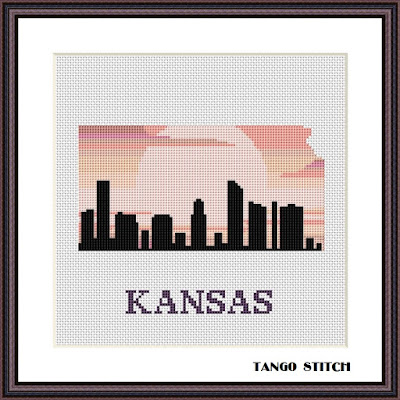 Kansas USA state map skyline sunset cross stitch pattern, Tango Stitch