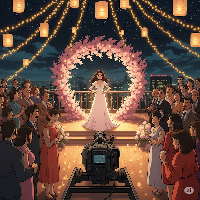 Confident woman shines beneath lanterns at night celebration.