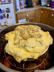 image of Instant Pot scrambled eggs exploded out of the confines of the oven safe dish