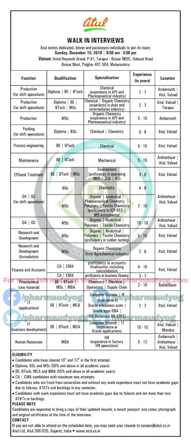 Atul Pharma | Walk-in for Multiple Departments on 15 Dec 2019 | Pharma Jobs in Maharashtra