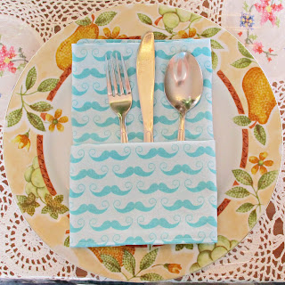 image handmade dinner napkin cutlery server fold moustache mo domum vindemia riley blake fabric aqua blue