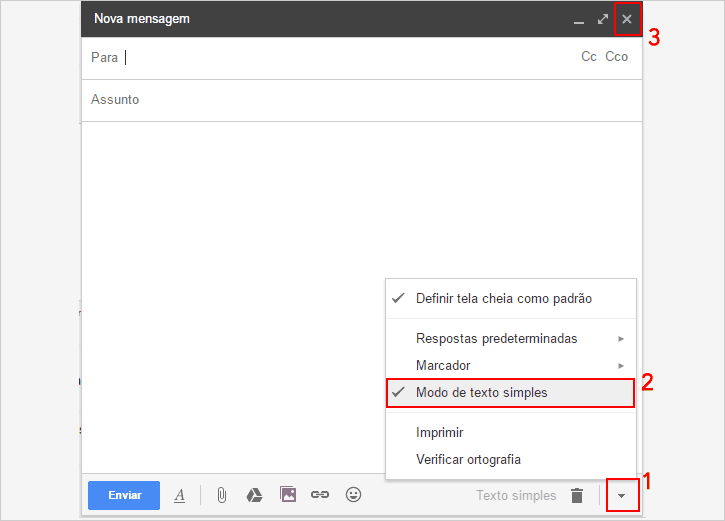 desmarcando Modo de texto simples no Gmail