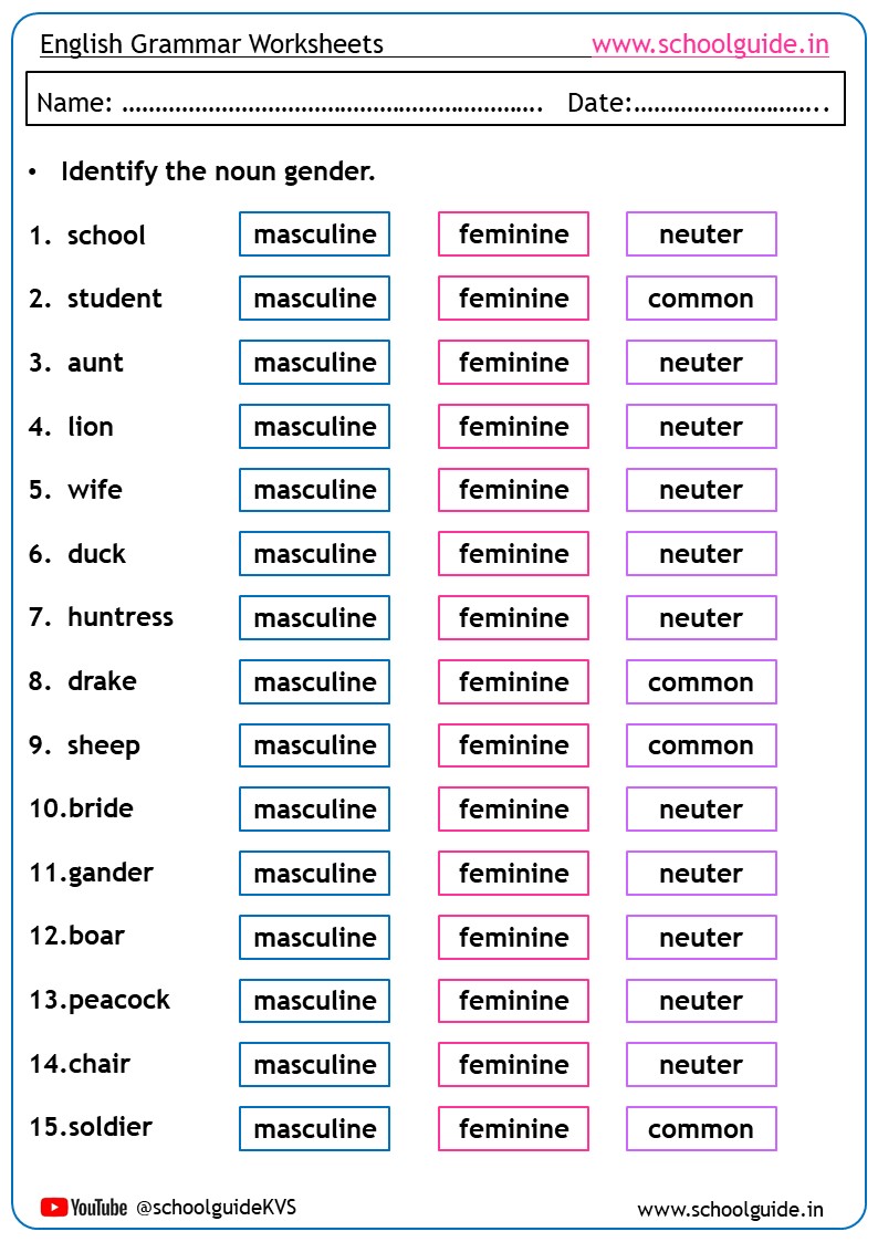 Noun Gender Worksheets