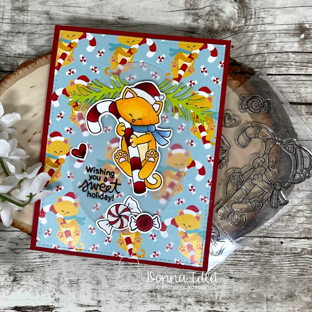 Sweet Holiday Kitty Card by Donna Idlet | Newton's Candy Cane Stamp Set, Oval Frames Die Set, Meowy Christmas Paper Pad and Pines & Holly Die Set by Newton's Nook Designs #newtonsnook #handmade