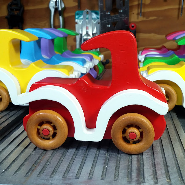 Wood Toy Car, Classic Model-T Sedan, Finished in Bright Red, White, & Amber Shellac, Bad Bob's Custom Motors