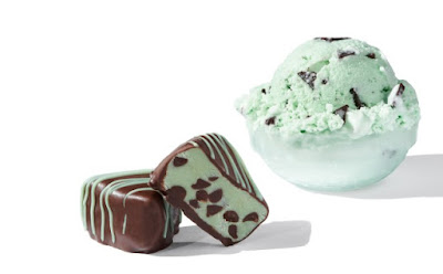 See's Mint Chocolate Chip candy next to a scoop of Mint Chocolate Chip ice cream.