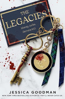 Cover of The Legacies by Jessica Goodman shows a black and gold invitation, a gold key, and some blood spatter.