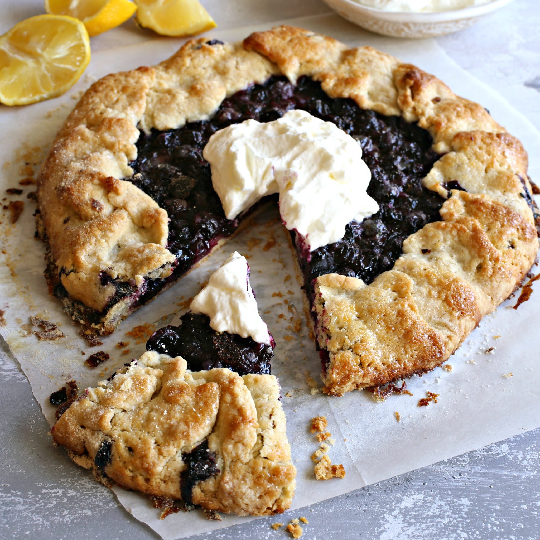 Recipe for a rustic, free-form blueberry and lemon pie.