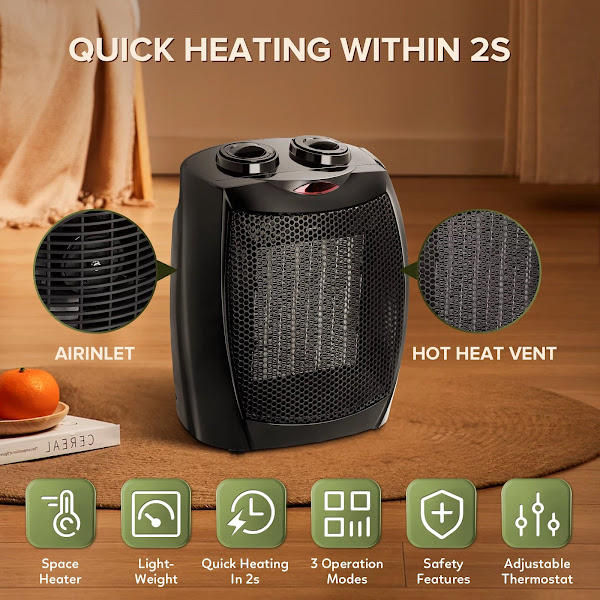 Compact 1500W/750W Space Heater with Thermostat