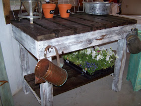 potting benches at beyond the picketfence made from salvaged materials and reclaimed wood http://bec4-beyondthepicketfence.blogspot.com/2014/02/potting-bench-fever.html