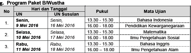 Jadwal Ujian Nasional Program Paket B/Wustha 2016