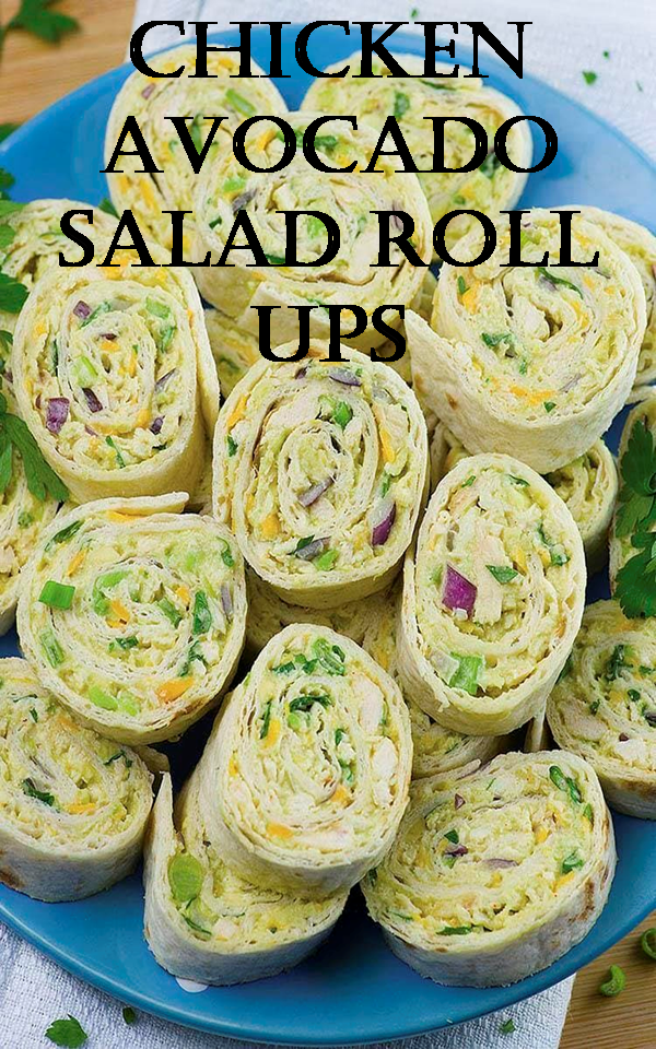 Chicken Avocado Salad Roll Ups Chicken Avocado Salad Roll Ups are great appetizers for a party, healthy lunch for kids or light and easy dinner for whole family just like my previous chicken avocado hit Chicken Avocado Burritos. It’s easy, make ahead recipe and freeze well. This recipe is good idea how to use leftovers of cooked chicken or rotisserie chicken. In less than 10 minutes you can make a whole bunch of these yummy Chicken Avocado Salad Roll Ups. Ingredients 2 cups shredded chicken 1 ripe avocado- mashed 2–4 tablespoons plain Greek yogurt (start with 2 and add more if the salad seems to dry) 1 ½–2 tablespoons lime juice 2 tablespoons finely diced red onion 2 green onion-sliced Freshly ground black pepper- to taste ¼ teaspoon salt (or more to taste) ½ teaspoon garlic powder 1 ½ tablespoon fresh cilantro or parsley- chopped ½ cup shredded Cheddar cheese 5–6 Tortillas (8 or 10 inch diameter) Instructions NOTES: I had enough filling for 5 tortillas (10 inch diameter). You can use 6 (8 inch) tortillas. In a large bowl combine all ingredients for Chicken Avocado salad. Stir until evenly blended. Spread the mixture over tortilla and roll up tightly. Repeat with remaining salad. Slice with serrated knife into ½ inch slices. You can slice them immediately or refrigerate until firm (about 30 mins). It’s easier to slice when chilled.